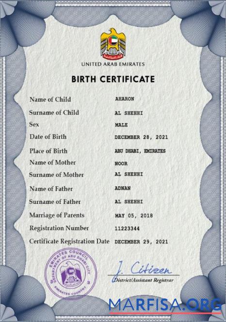 Realistic UAE vital record birth certificate PSD template